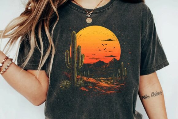 Download Vintage Desert Sunset Cactus Mountain Retro Graphic T-Shirt Design Png - Design Collection
